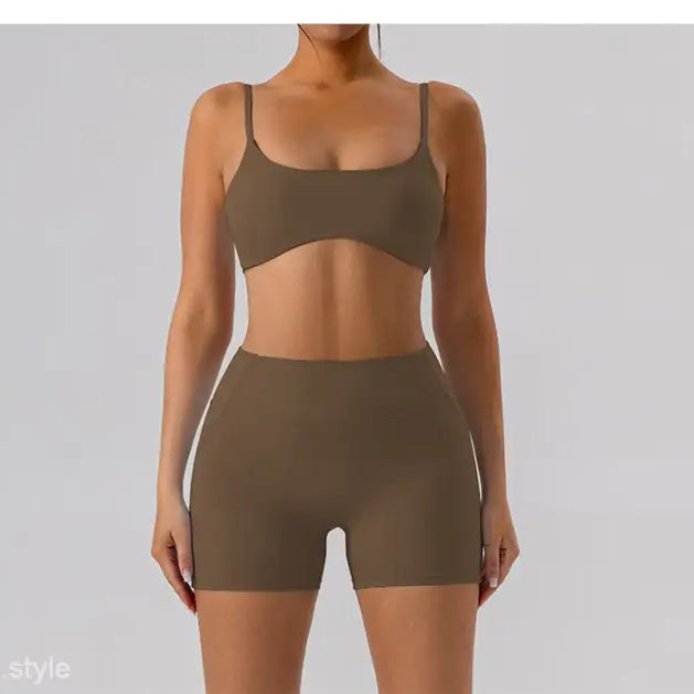 Brown two-piece athletic set featuring Burnt Tea Brown Close Fitting Yoga Shorts