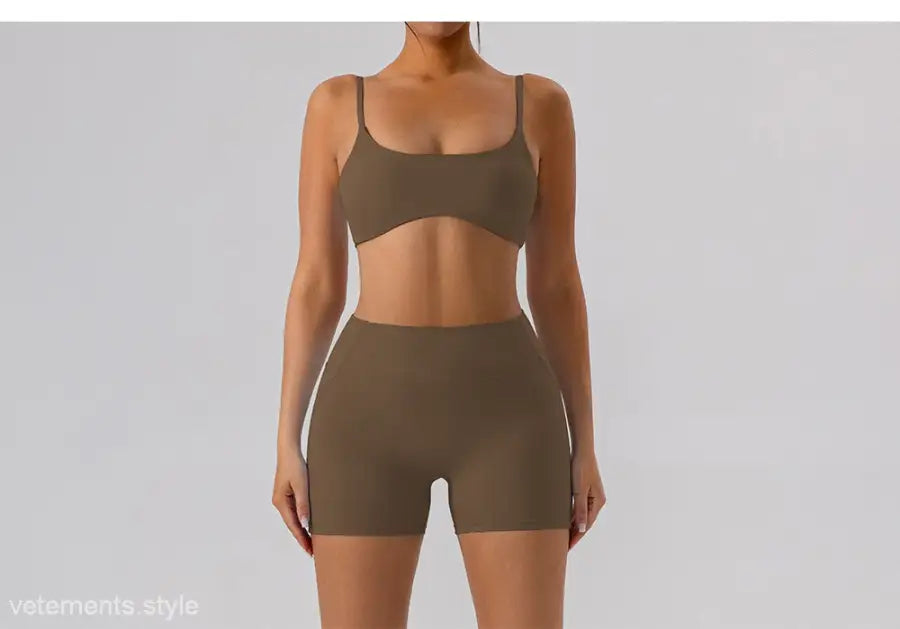 Brown two-piece athletic set featuring Burnt Tea Brown Close Fitting Yoga Shorts
