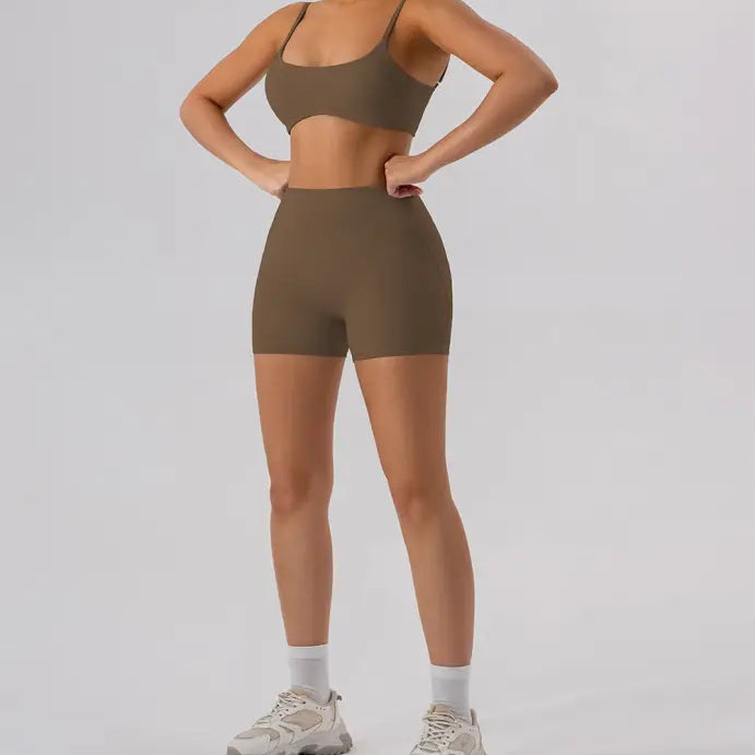 Brown athletic bra and Burnt Tea Brown Close Fitting Yoga Shorts set in Sporty Slim Nylon