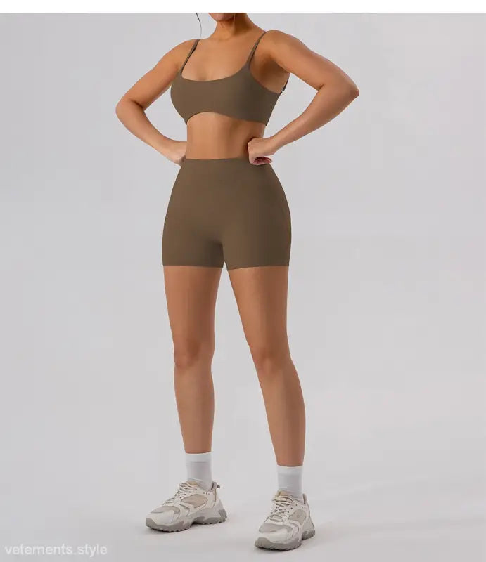 Brown athletic bra and Burnt Tea Brown Close Fitting Yoga Shorts set in Sporty Slim Nylon