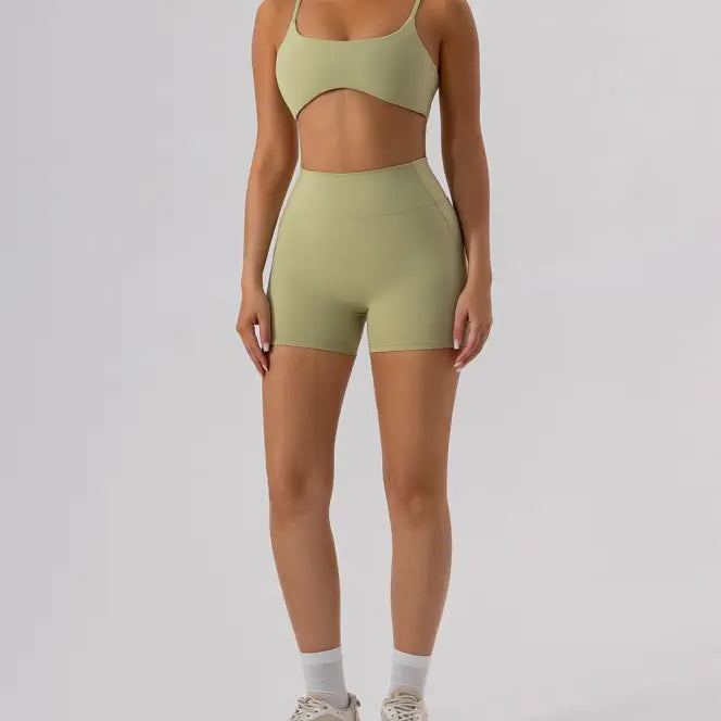 Light green athletic bra and shorts set from Burnt Tea Brown Sporty Nylon Close Fitting Yoga Outer Wear