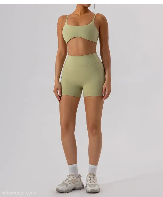Light green athletic bra and shorts set from Burnt Tea Brown Sporty Nylon Close Fitting Yoga Outer Wear
