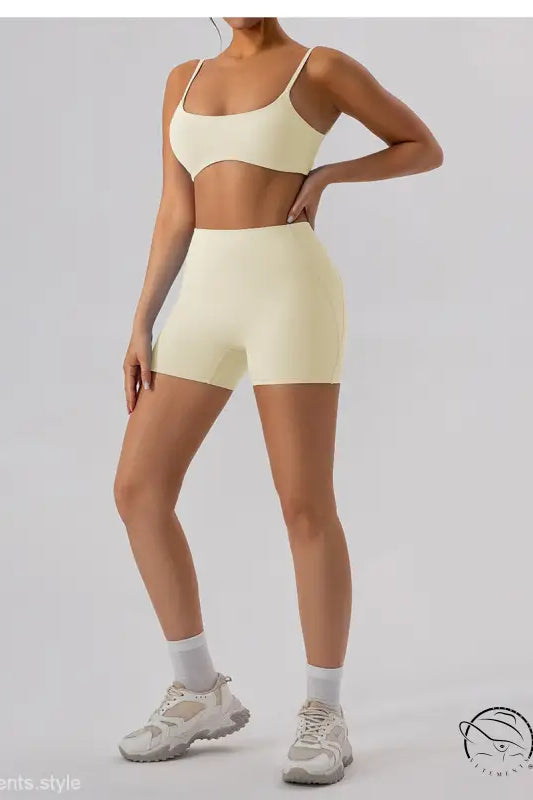 Burnt tea brown close fitting yoga outer wear athletic bra and shorts set