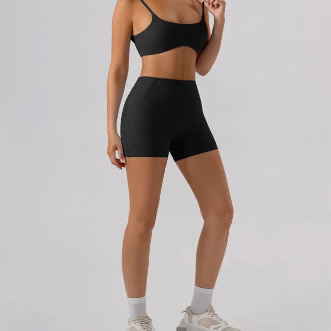 Black athletic bra and shorts set from Burnt Tea Brown Sporty Nylon Close Fitting Yoga Outer Wear