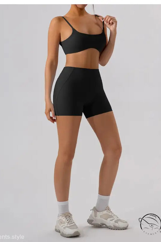 Burnt tea brown close fitting yoga outer wear athletic bra and shorts set