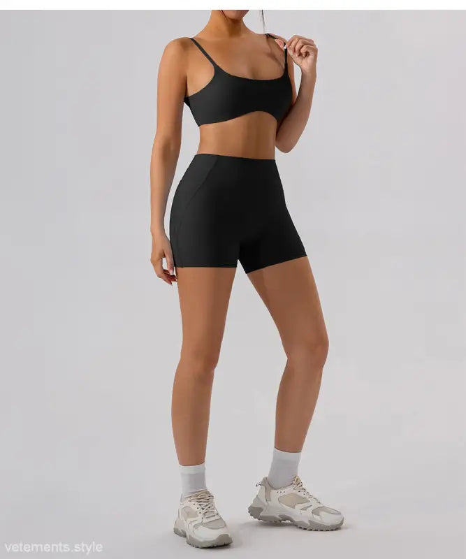 Black athletic bra and shorts set from Burnt Tea Brown Sporty Nylon Close Fitting Yoga Outer Wear