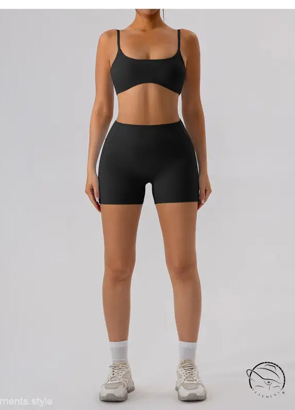 Burnt tea brown close fitting yoga outer wear athletic bra and shorts set