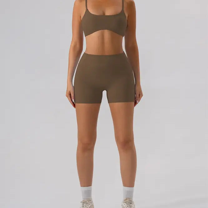 Brown athletic bra and shorts set in Burnt Tea Brown close fitting yoga outer wear