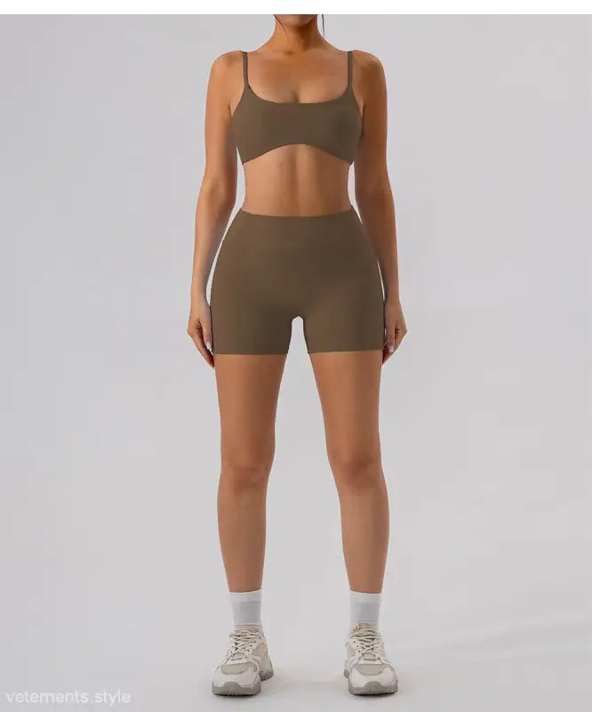 Brown athletic bra and shorts set in Burnt Tea Brown close fitting yoga outer wear