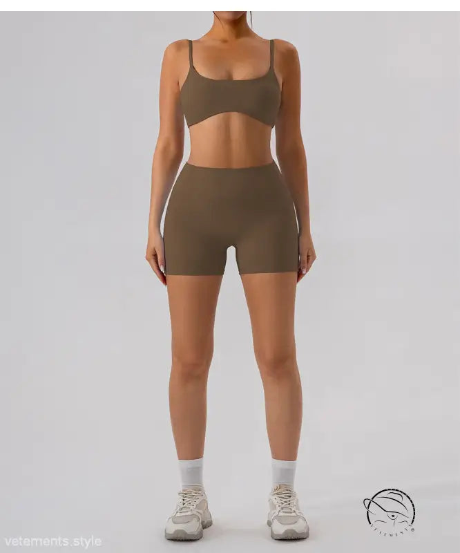 Burnt tea brown close fitting yoga outer wear athletic bra and shorts set
