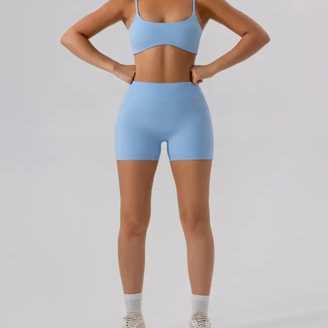 Light blue athletic set featured in Burnt Tea Brown Sporty Nylon Close Fitting Yoga Outer Wear