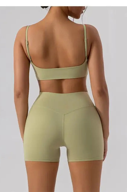 Burnt tea brown close fitting yoga outer wear athletic bra and shorts set