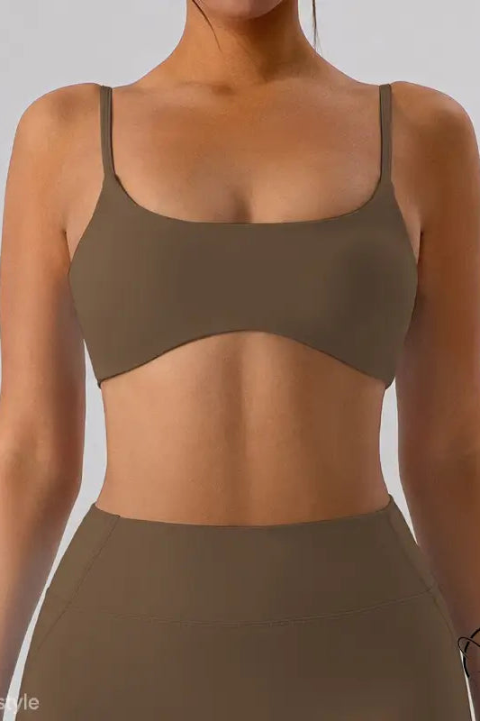 Burnt tea brown close fitting yoga outer wear athletic bra top
