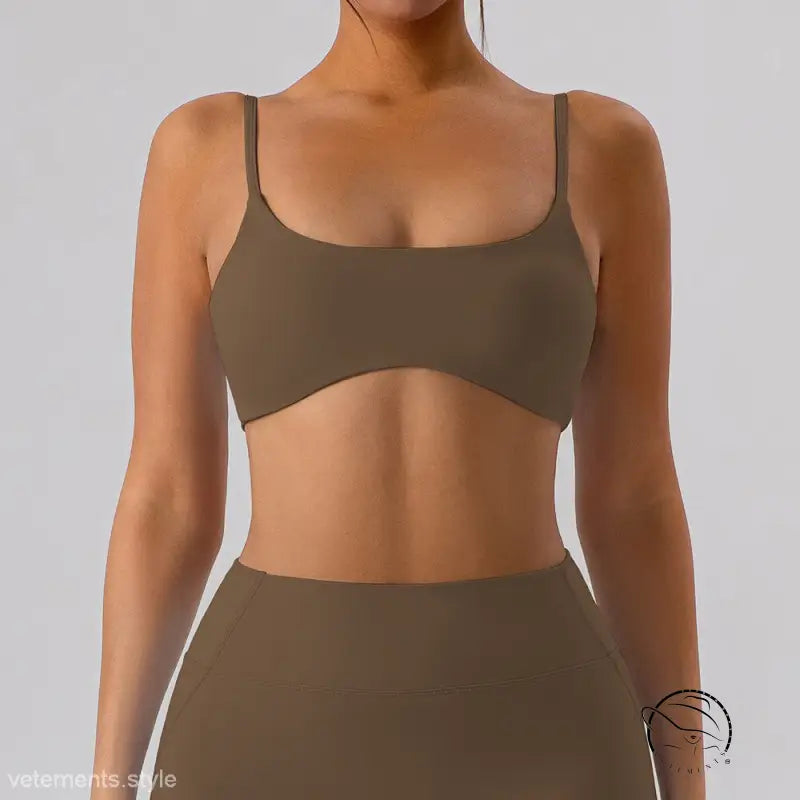 Burnt tea brown close fitting yoga outer wear athletic bra top