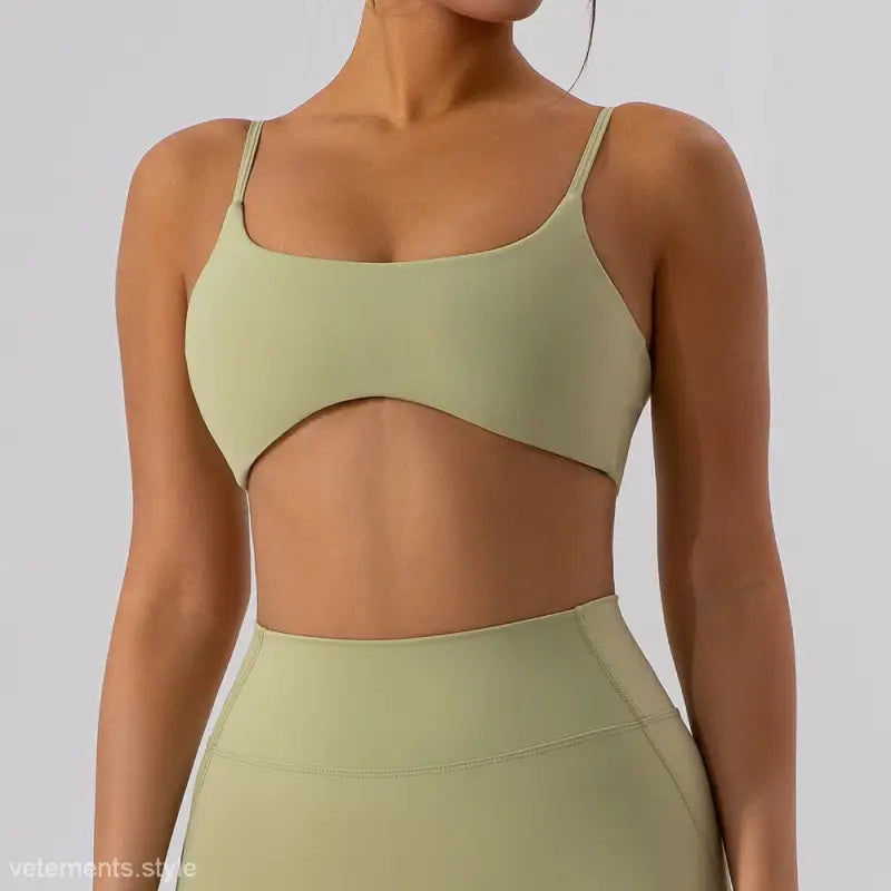Light green sports bra with cutout design for Burnt Tea Brown Close Fitting Yoga Outer Wear