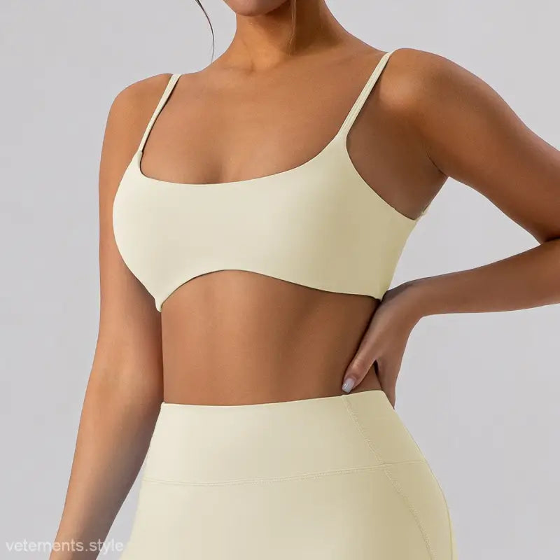 Cream-colored sports bra and leggings set from Burnt Tea Brown Sporty Nylon Close Fitting Yoga Outer Wear