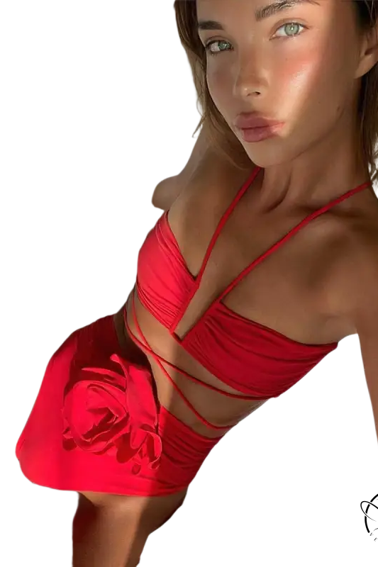 High waist sexy red halter-style dress in c3283 beige floral bikini
