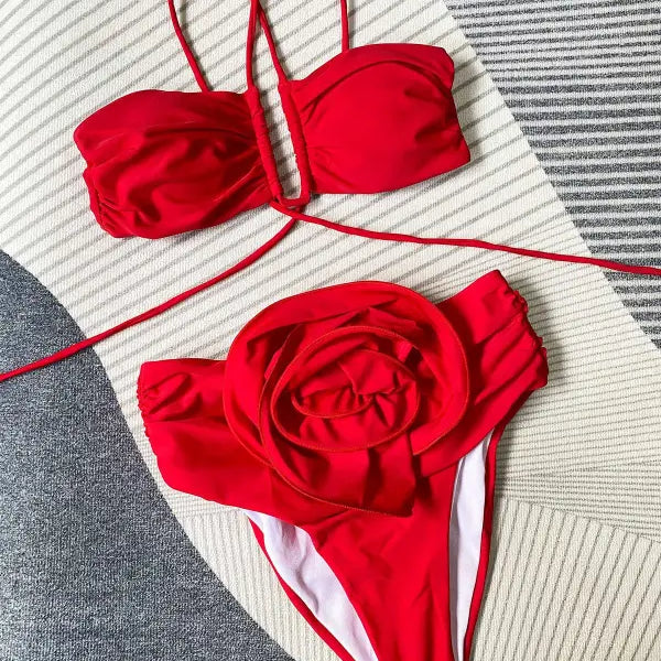 Red high waist sexy floral bikini with rose detail from High Waist Boho Halter Bikini c3283 beige