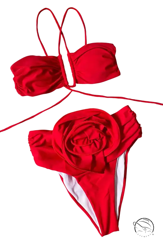 High waist sexy floral bikini in red with rose detail, c3283 beige