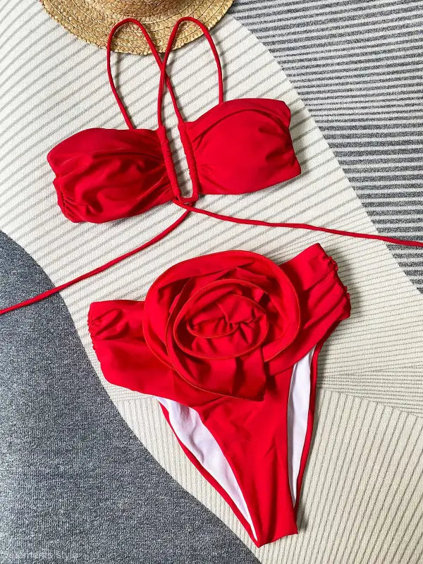 Red high waist sexy floral bikini with rose detail from High Waist Boho Halter Bikini c3283 beige