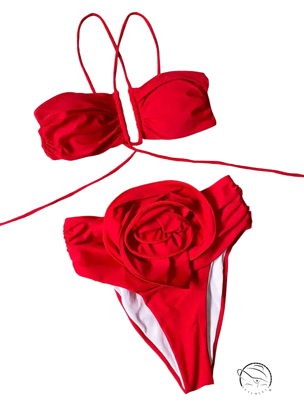 High waist sexy floral bikini in red with rose detail, c3283 beige