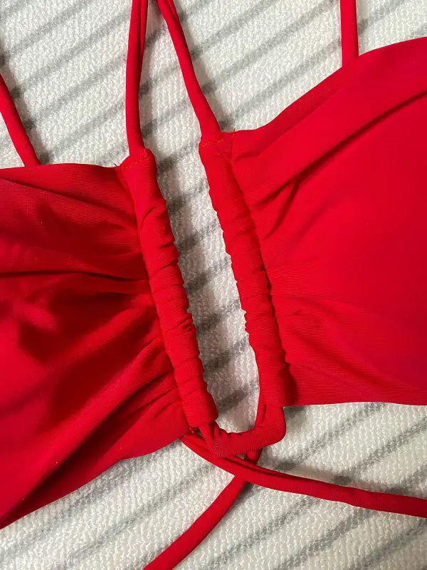 Red ruched bikini top from high waist sexy floral bikini collection, c3283 beige style