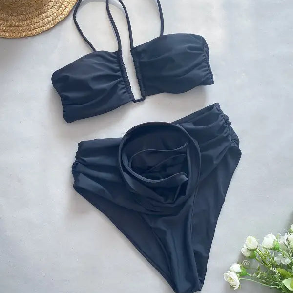 Black two-piece swimsuit featuring high waist sexy design in C3283 beige floral bikini style