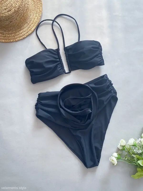 Black two-piece swimsuit featuring high waist sexy design in C3283 beige floral bikini style