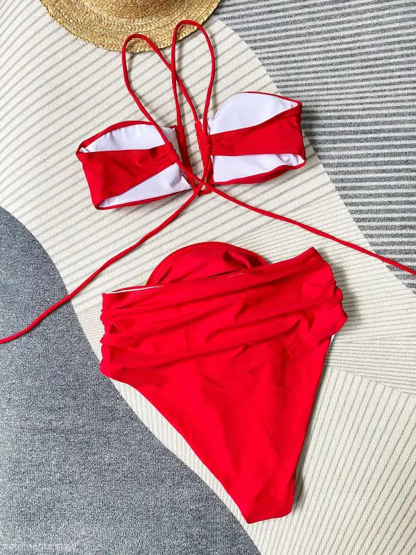 Red two-piece swimsuit featuring a high waist sexy floral bikini design for summer vacations