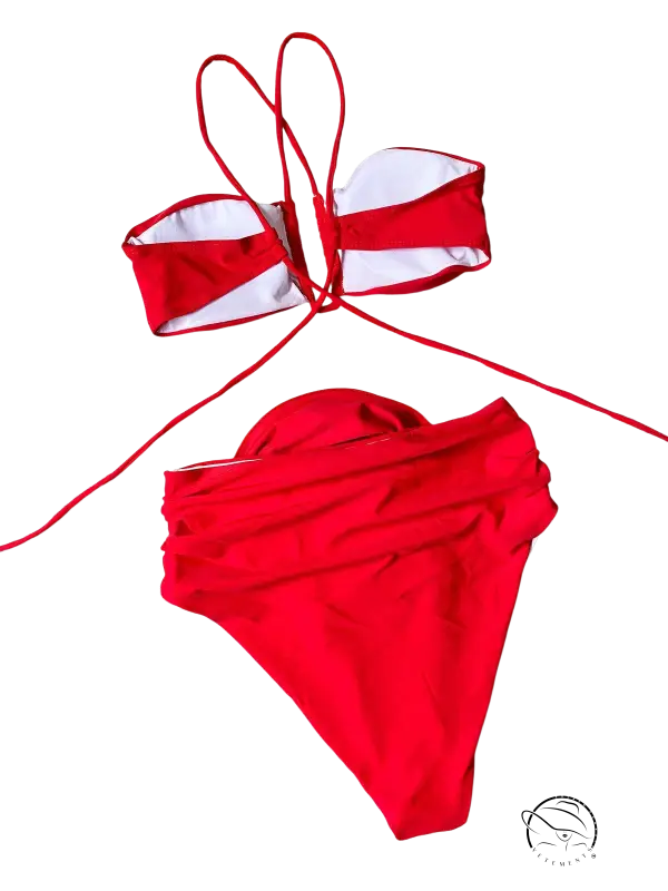 High waist sexy red two-piece boho halter bikini c3283 beige