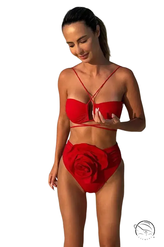 Woman in high waist sexy floral bikini, model c3283 beige