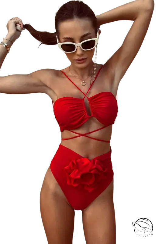 Woman in high waist sexy floral bikini c3283 beige