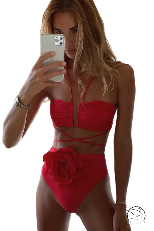 Red high waist sexy floral bikini in c3283 beige for summer vacations