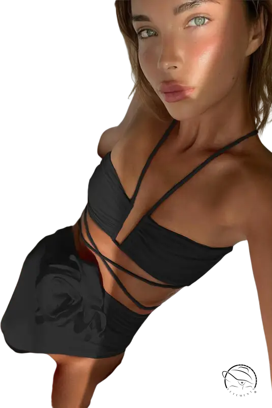 High waist boho halter bikini in black strappy swimsuit, c3283 beige