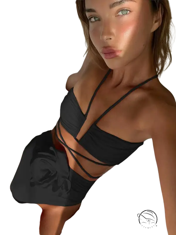 High waist boho halter bikini in black strappy swimsuit, c3283 beige