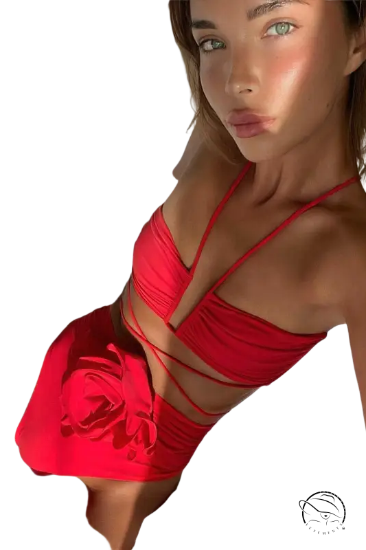 High waist sexy red floral bikini with rose detail, c3283 beige