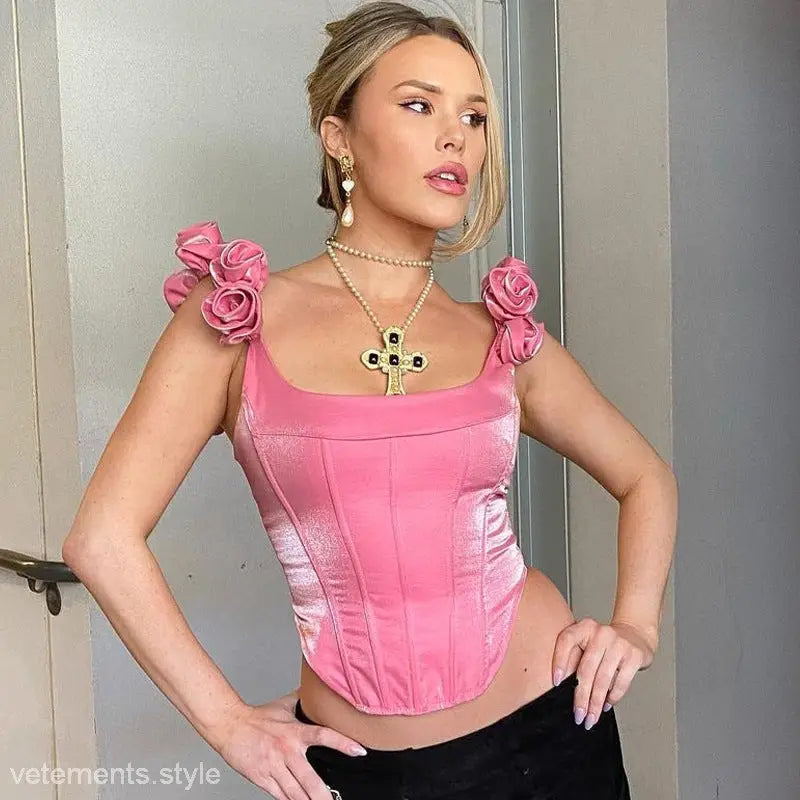 Pink velvet corset top with rose straps and cross necklace, ideal for slim waist summer fashion