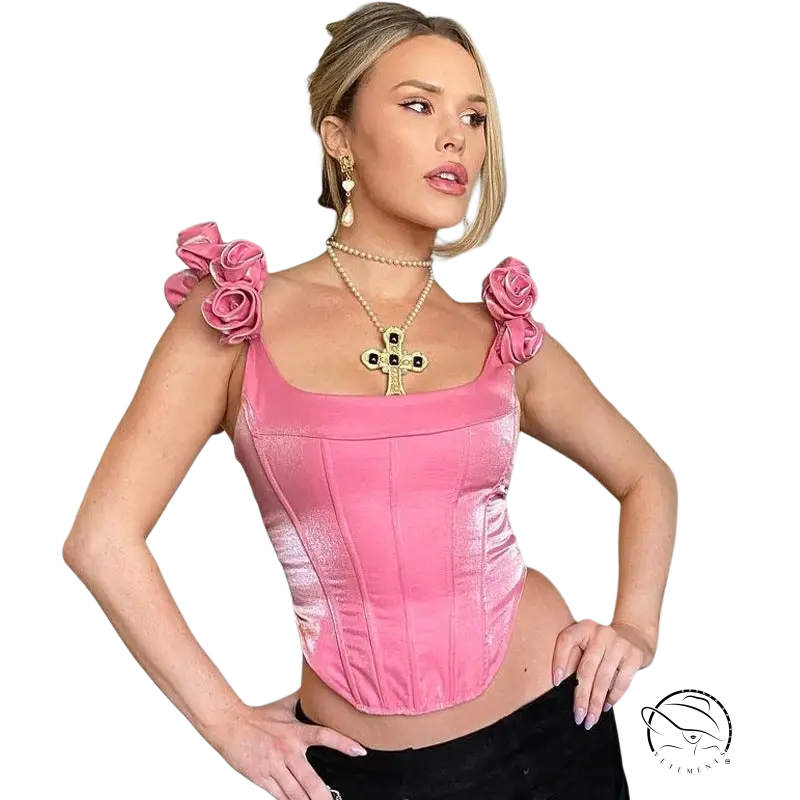 Candy pink boning corset top with rose straps and cross pendant for slim waist
