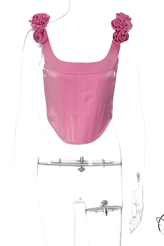 Pink boning corset top in candy pink with floral straps for slim waist