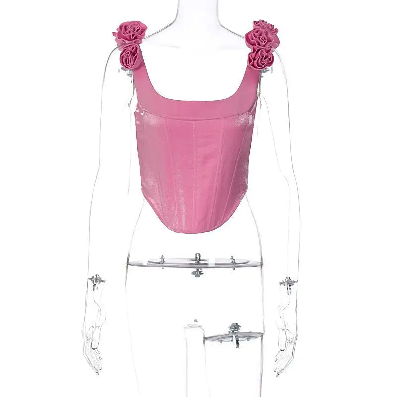 Pink boning corset top with floral shoulder straps, ideal for a slim waist in summer fashion