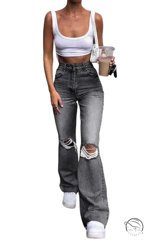 Ripped gray wide-leg high waist retro stretch slim jeans