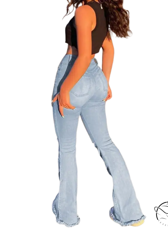 Ripped light-wash high waist retro stretch slim flared jeans