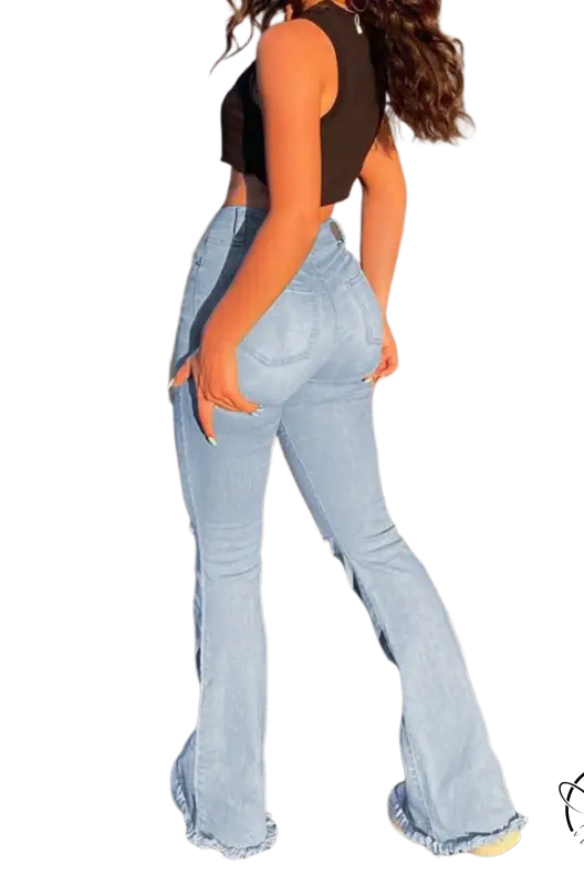 Ripped light-wash high waist retro stretch slim flared jeans