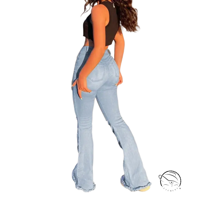 Ripped light-wash high waist retro stretch slim flared jeans