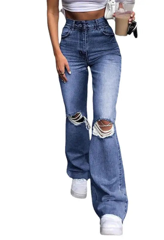 Ripped high-waisted flared jeans in retro stretch slim fit for casual wear all seasons
