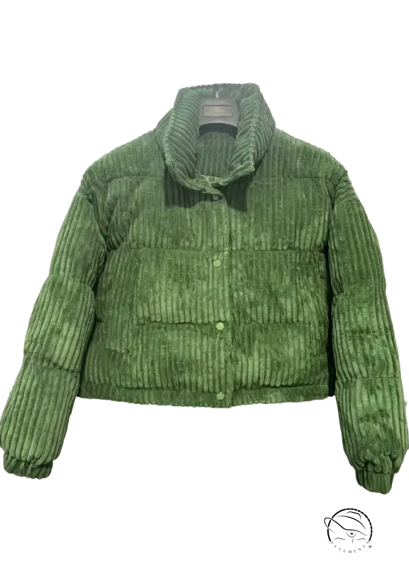 Green corduroy cotton coat with high collar and button closure for fall wear