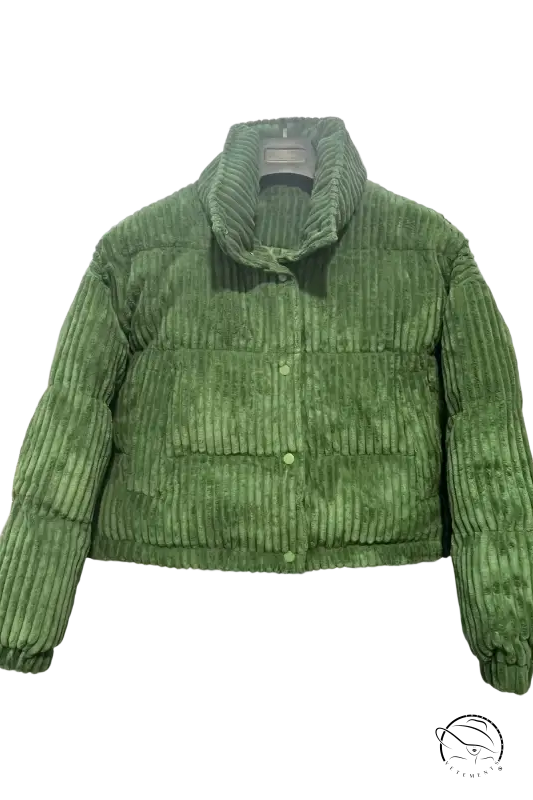 Green corduroy cotton coat with high collar and button closure for fall wear