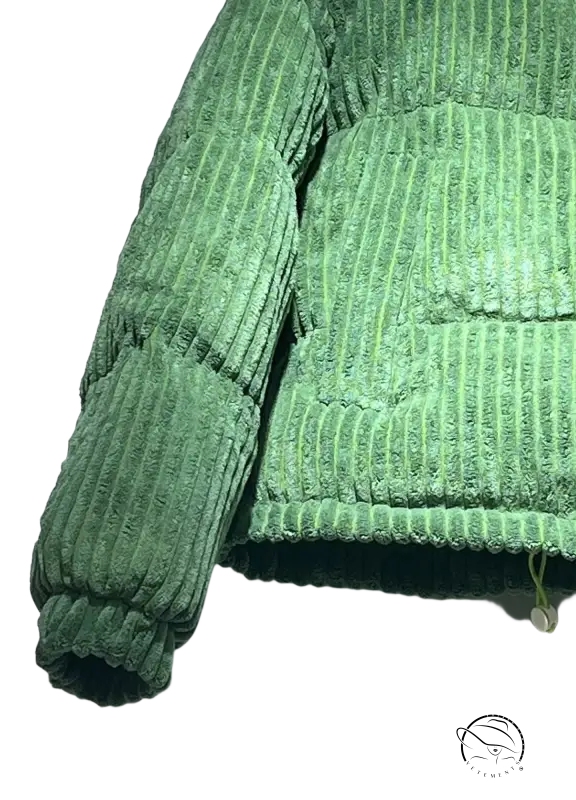 Cozy green corduroy cotton coat with plush ribbed texture and quilted panels