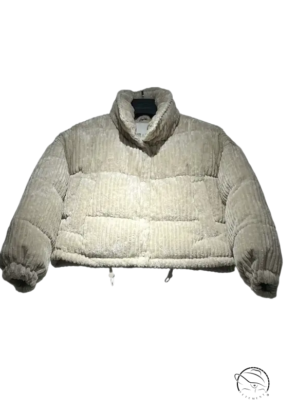 Cream-colored corduroy cotton coat with plush high collar and ribbed cuffs