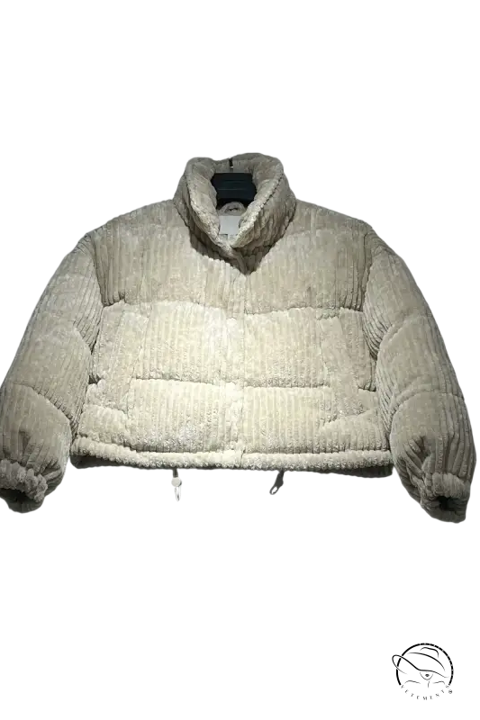 Cream-colored corduroy cotton coat with plush high collar and ribbed cuffs